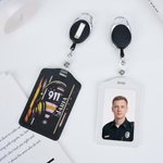Personalised Police Dispatch Theme Thin Gold Line PU Leather ID Badge Holder with Text and Stretchable Keychain Birthday Gift for Dispatchers