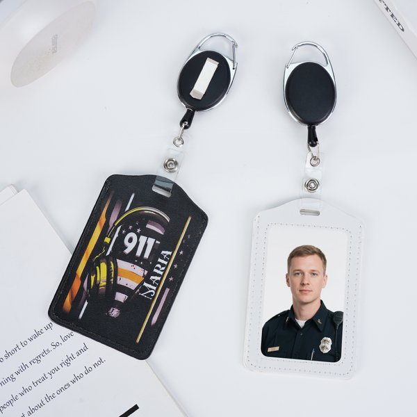 Personalised Police Dispatch Theme Thin Gold Line PU Leather ID Badge Holder with Text and Stretchable Keychain Birthday Gift for Dispatchers
