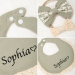 Personalized 100% Cotton Lace Trim Embroidered Name Baby Bib with 2 Bow Headbands Birthday Baby Shower Gift for Newborn