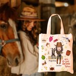 Personalised Cute Cartoon Horse and Cowboy Girl Canvas Bag with Name Horse Racing Birthday Gift for Women Horse Lovers