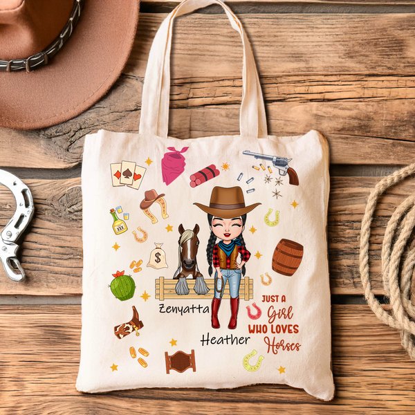 Personalized Cute Cartoon Horse and Cowboy Girl Canvas Bag with Name Horse Racing Birthday Gift for Women Horse Lovers