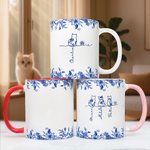Toile De Jouy 1-7 Line Art Cats Design 11 oz 15 oz Mug en céramique avec nom et dessous de verre Cadeau d'anniversaire pour l'amoureux des chats