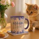 Toile De Jouy 1-7 Line Art Cats Design 11 oz 15 oz Mug en céramique avec nom et dessous de verre Cadeau d'anniversaire pour l'amoureux des chats