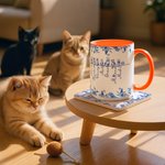 Toile De Jouy 1-7 Line Art Cats Design 11 oz 15 oz Mug en céramique avec nom et dessous de verre Cadeau d'anniversaire pour l'amoureux des chats