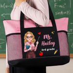 Bolsa de tela Oxford grande personalizada con dibujos animados y bolsillo de malla y texto Regalo de agradecimiento para el profesor en el Día de la Vuelta al Cole