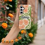 Spersonalizowane dwuwarstwowe etui na telefon iPhone lub Samsung z imieniem i nazwiskiem z abstrakcyjnym wzorem kwiatowym, paskiem na nadgarstek i paskiem na ramię, prezent urodzinowy dla kobiet