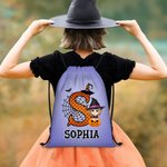 Personalized Cartoon Witch Character Pumpkin Portable Drawstring Backpack Bag with Name and Initial Daily Use Birthday Halloween Party Gift for Kids