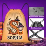 Personalized Cartoon Witch Character Pumpkin Portable Drawstring Backpack Bag with Name and Initial Daily Use Birthday Halloween Party Gift for Kids