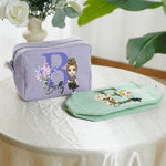 Personalized Birth Flower Initial Cartoon Character Multicolor Stripes Makeup Bag with Name Travel Essentials Wedding Birthday Gift for Women 2