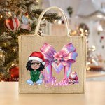 Personalised Cartoon Character Santa Claus Reusable Large Jute Tote Bag with Name and Initial Christmas Birthday Gift for Family Friends Kids