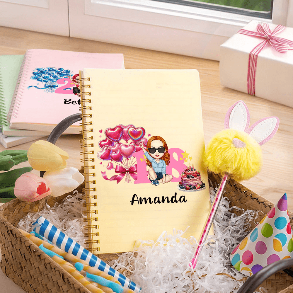 Personalized Name Age Cartoon Birthday Woman Character Lined A5 Spiral Notebook and Pom Pom Pen Set, Birthday/Back to School Gift for Women/Girls