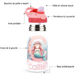 Gourde Isotherme 355 ml Personnalisée avec Motif Sirène Féerique Océan Initiale et Nom Poignée et Paille en Silicone Cadeau Rentrée pour Fille