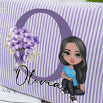 Personalized Birth Flower Initial Cartoon Character Multicolor Stripes Makeup Bag with Name Travel Essentials Wedding Birthday Gift for Women 6