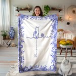 Personalized Toile De Jouy Line 1-7 Cats Soft Throw Blanket with Names Home Decor Memorial Birthday Gift for Cat Lover