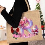 Personalised Cartoon Character Santa Claus Reusable Large Jute Tote Bag with Name and Initial Christmas Birthday Gift for Family Friends Kids