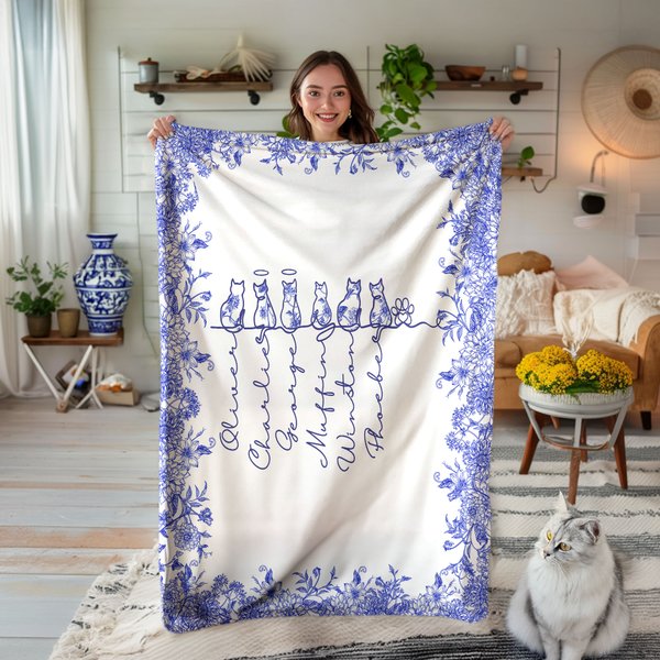 Coperta personalizzata Toile De Jouy Linea 1-7 gatti con nomi Decorazione per la casa Regalo di compleanno in memoria per gli amanti dei gatti