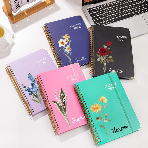 Personalized Birth Flower Name 2026 Planner A5 Notebook with Weekly Monthly Planning Pages and Tabs Office Birthday Gift for Coworkers Friends