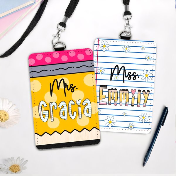 Personalized Pencil Notebook Daisy PU Leather ID Badge Holder with Text Back to School Teacher's Day Appreciation Gift for Teacher