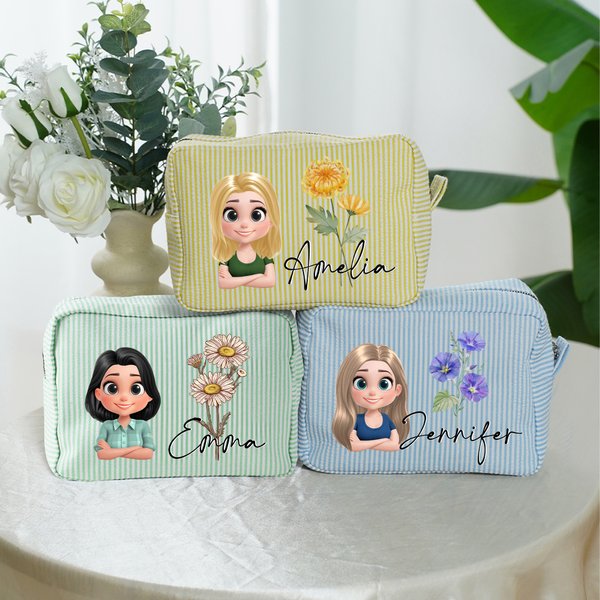 Trousse personalizzata con personaggio animato fiore di nascita e nome con cerniera e design a strisce regalo di viaggio per donne
