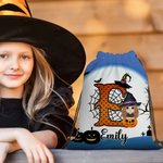 Personalized Cartoon Witch Character Pumpkin Portable Drawstring Backpack Bag with Name and Initial Daily Use Birthday Halloween Party Gift for Kids