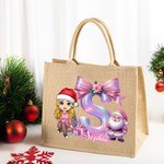 Personalised Cartoon Character Santa Claus Reusable Large Jute Tote Bag with Name and Initial Christmas Birthday Gift for Family Friends Kids