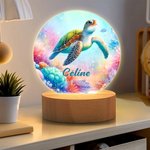 Veilleuse LED Personnalisée avec Motif d'Animaux Marins Nom et Date Décoration de Chambre avec Socle en Bois Cadeau Anniversaire pour Enfant