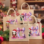 Personalised Cartoon Character Santa Claus Reusable Large Jute Tote Bag with Name and Initial Christmas Birthday Gift for Family Friends Kids