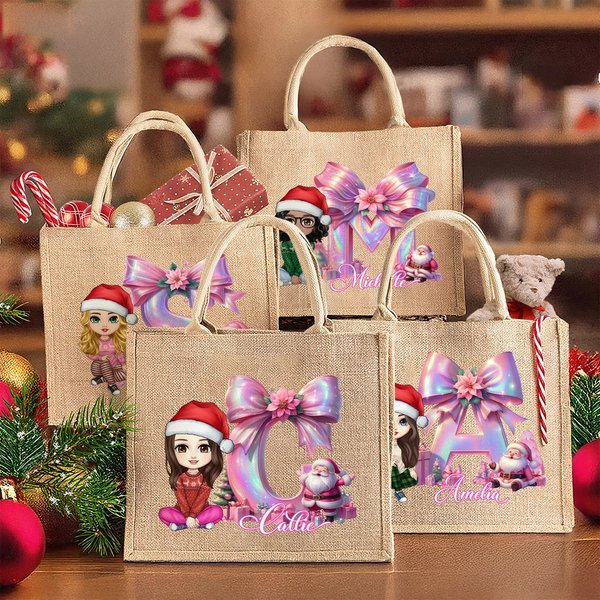 Personalised Cartoon Character Santa Claus Reusable Large Jute Tote Bag with Name and Initial Christmas Birthday Gift for Family Friends Kids