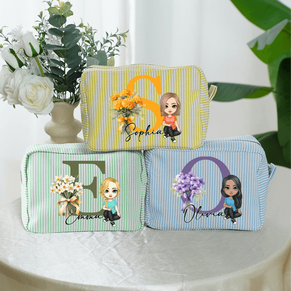 Personalised Birth Flower Initial Cartoon Character Multicolor Stripes Makeup Bag with Name Travel Essentials Wedding Birthday Gift for Women
