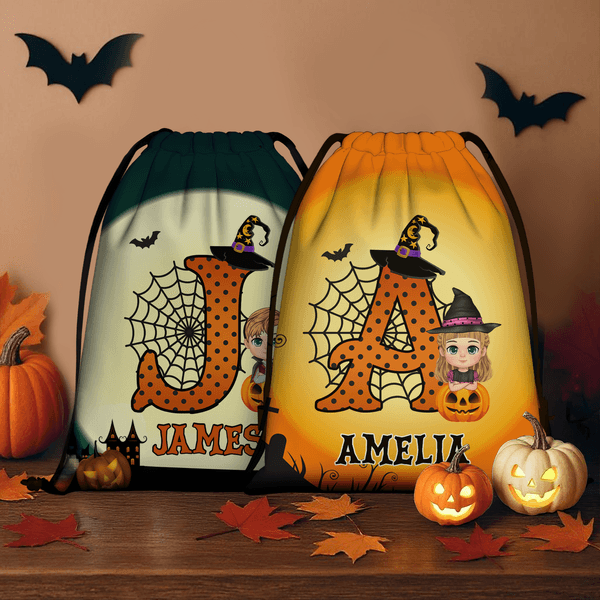 Personalized Cartoon Witch Character Pumpkin Portable Drawstring Backpack Bag with Name and Initial Daily Use Birthday Halloween Party Gift for Kids