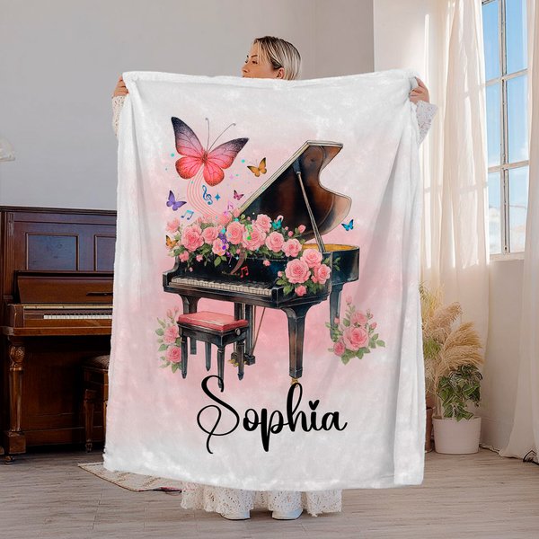 Coperta personalizzata acquerello pianoforte nascita fiore morbido con nome Home Decor regalo di compleanno per le donne ragazze amanti del pianoforte