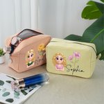 Personalised Cartoon Character Birth Flower Multicolour Stripes Makeup Bag with Name and Zipper Travel Birthday Anniversary Gift for Women