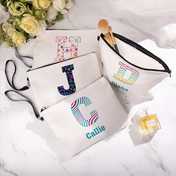 Gepersonaliseerde streep hart bloem initiaal naam draagbare make-up tas met polsband dagelijks reizen opslag verjaardagscadeau voor vrouwen