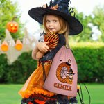 Personalized Cartoon Witch Character Pumpkin Portable Drawstring Backpack Bag with Name and Initial Daily Use Birthday Halloween Party Gift for Kids