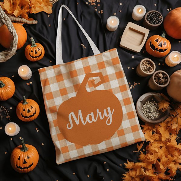Personalised Pumpkin Plaid Pattern Reusable Canvas Bag with Name Autumn Accessories Halloween Thanksgiving Day Gift for Women