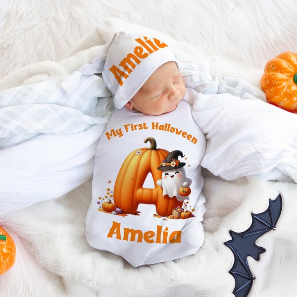 Personlig Pumpa Initial 100% bomull Multicolor Swaddle och Knot Hat Set med namn Halloween Baby Shower Present för nyfödda