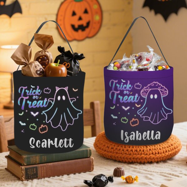 Personalized Trick or Treat Fluorescent Ghost Pumpkin Bat Reusable Sweets Bucket with Name Halloween Party Favors Gift for Kids