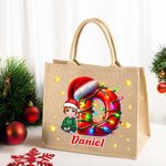 Personalisierte Cartoon-Charakter Santa Hut erste große tragbare Jute Tote Tasche mit Namen Geburtstag Weihnachten Geschenk für Familie Freunde