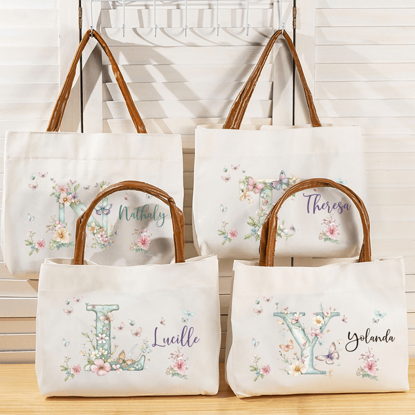 Personalized Floral Butterfly Initial Canvas Tote Bag with Name and PU Leather Handle Birthday Wedding Anniversary Gift for Women Girls