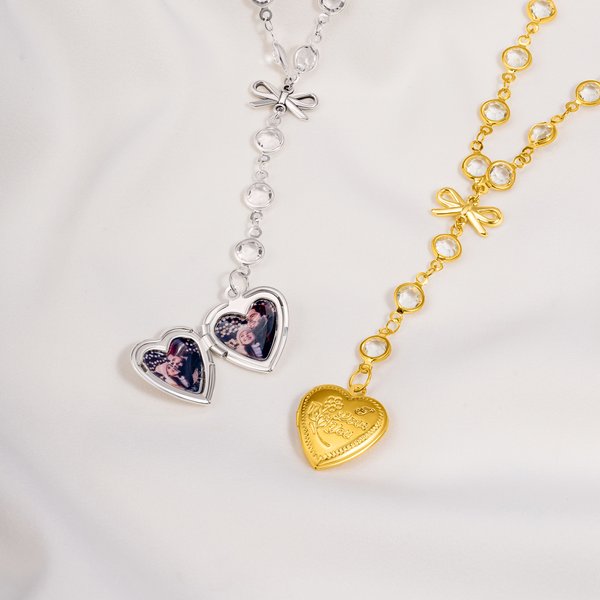 Personalisierte Herzförmige Halskette mit Schleife und Fotos Schmuck Geburtstag Jahrestag Geschenk für Damen