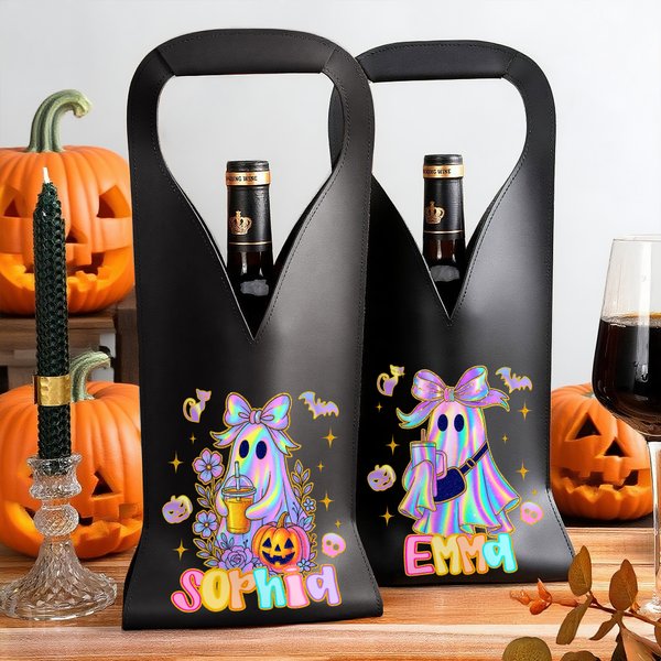 Personalised Cute Cartoon Bow Ghost PU Leather Protective Wine Bag with Name Halloween Party Gift for Wine Lovers