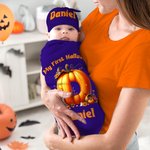 Personalized Pumpkin Initial 100% Cotton Multicolor Swaddle and Knot Hat Set with Name Halloween Baby Shower Gift for Newborns