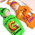 Personalized Pumpkin Initial 100% Cotton Multicolor Swaddle and Knot Hat Set with Name Halloween Baby Shower Gift for Newborns