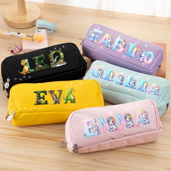 Astuccio a tre scomparti personalizzato con nome a tema dinosauro o unicorno regalo per ritorno a scuola e compleanno per bambini