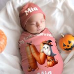 Personalized Pumpkin Initial 100% Cotton Multicolor Swaddle and Knot Hat Set with Name Halloween Baby Shower Gift for Newborns