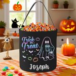 Personalized Trick or Treat Fluorescent Ghost Pumpkin Bat Reusable Sweets Bucket with Name Halloween Party Favors Gift for Kids