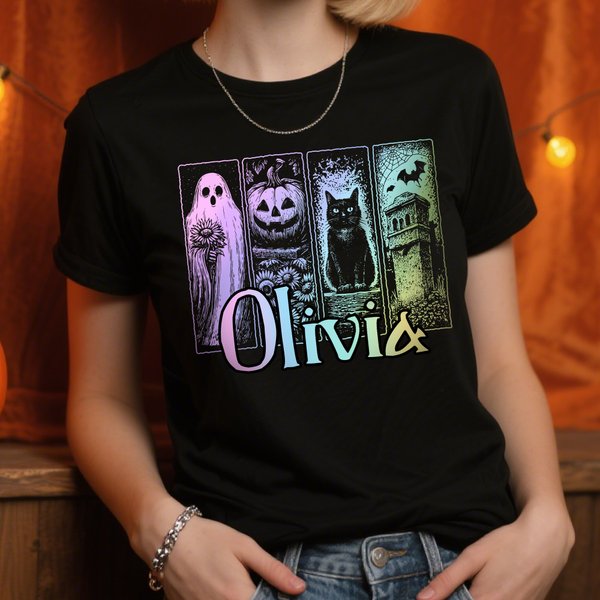 Personalised Gothic Ghost Pumpkin Black Cat Castle Multicolour  T-shirt Sweatshirt with Name Halloween Costume Holiday Gift for Family Friends Girls