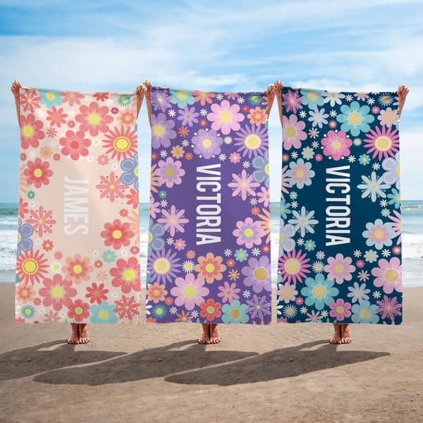 Personlig flerfarget Sunny Flowers Quick Dry Oversized badehåndkle med navn sommerferie strandfest bursdagsgave til barn kvinner