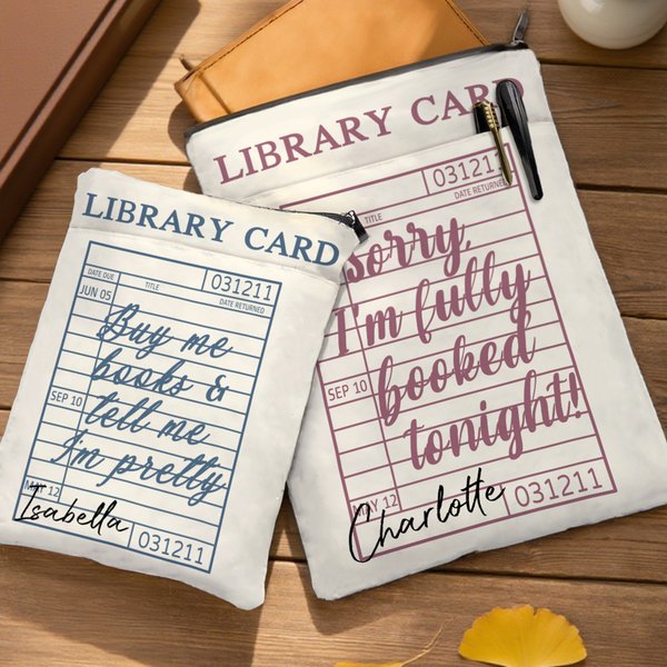 Personalized Library Card Name Waterproof Book Sleeve Protector with Front Pocket and Zipper Birthday Back to School Gift for Book Lovers Bookworms
