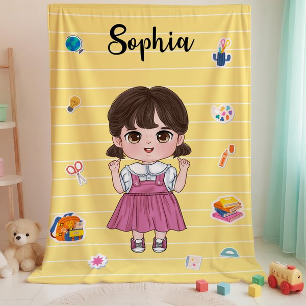 Personalized Cartoon Character Stationery Soft Throw Blanket with Name Home Decor Back to School Season Birthday Gift for Boys Girls